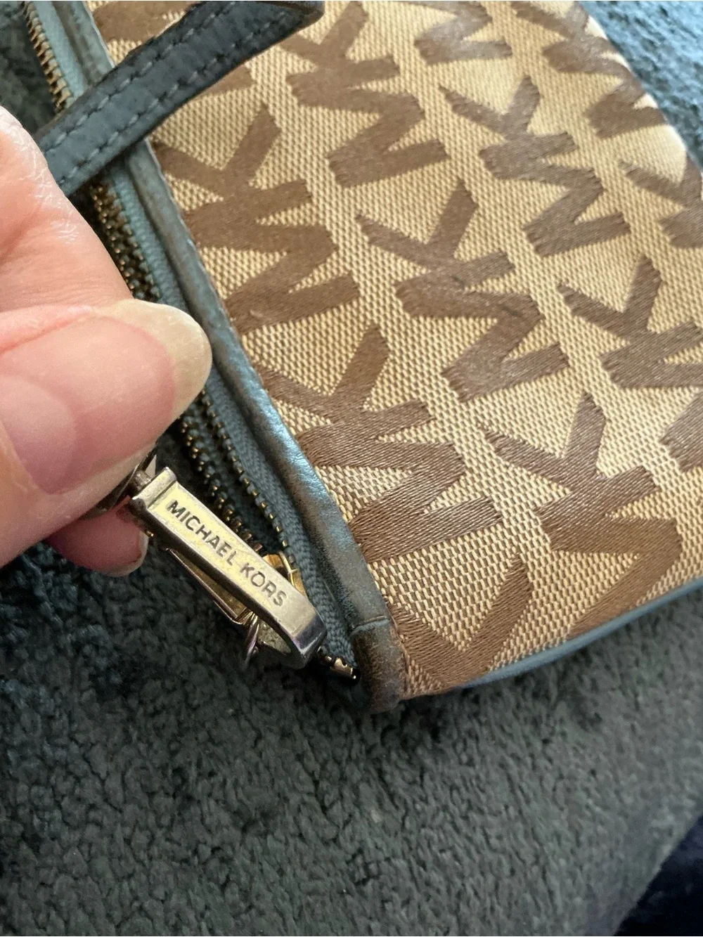Michael Kors Brown Signature MK Wristlet with Blue Trim